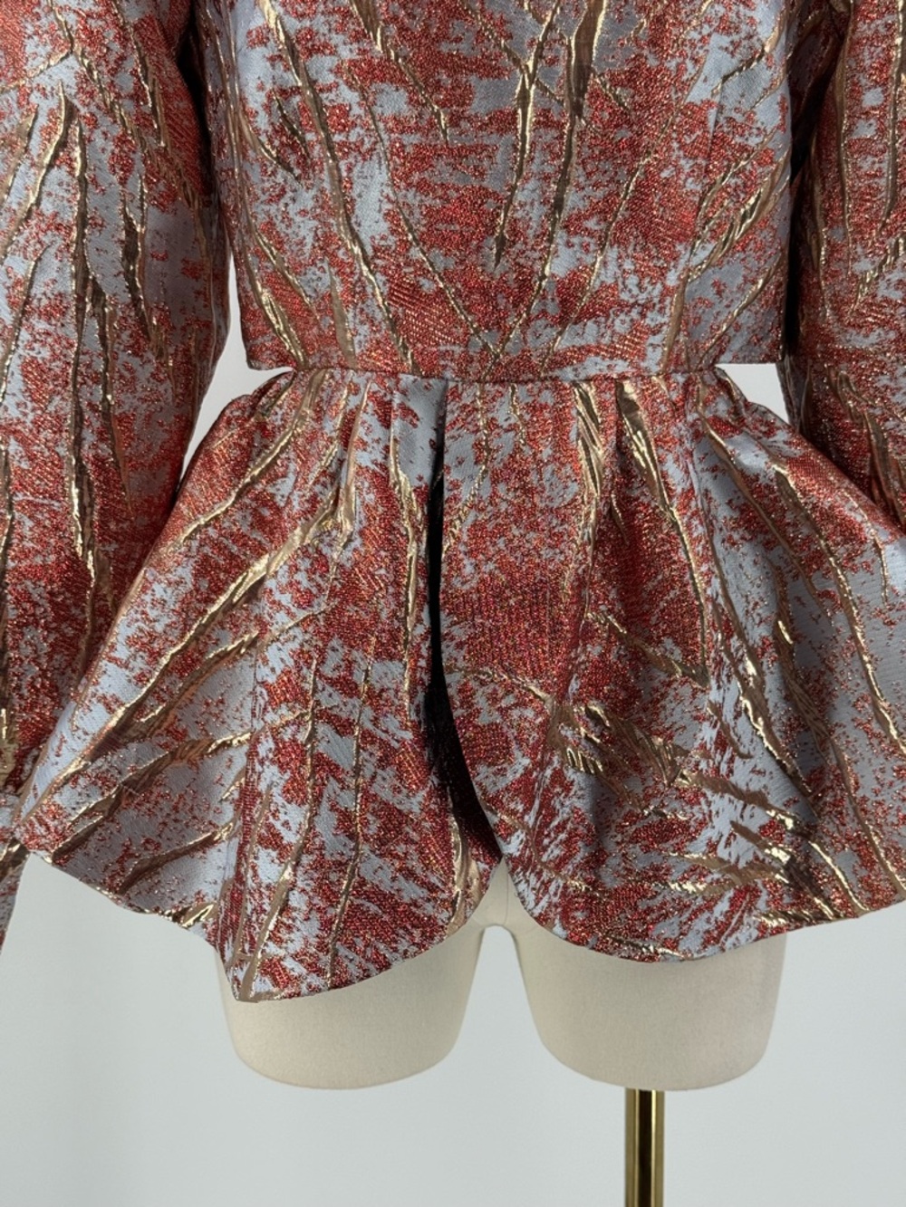 Akira Luxury Metallic Brocade Bow Peplum Blouse Elegant High Neck Statement Top - Picture 6 of 15